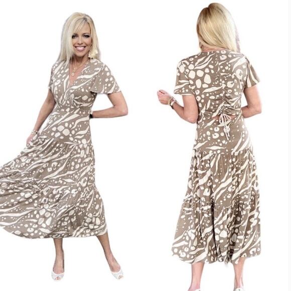 CAbi Dresses & Skirts - Cabi Swoon Maxi Dress Tiered Back Cutout Taupe Cream Size XL